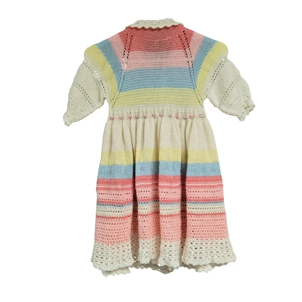 Vintage Handmade Knit Pastel‎ Striped Dress Floral Buttons Crochet Trim Sz 2T-3T